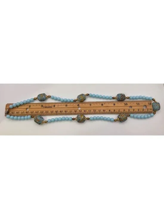 Blue Glass Lampwork Gold Foil Bead Necklace 24” Gold Tone Robins Egg Artisan - Picture 9 of 10